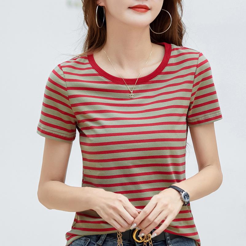 366 Sommer Gestreiftes Retro Lockeres Color Block T-Shirt - Koreanischer Stil Rundhals Kurzarm