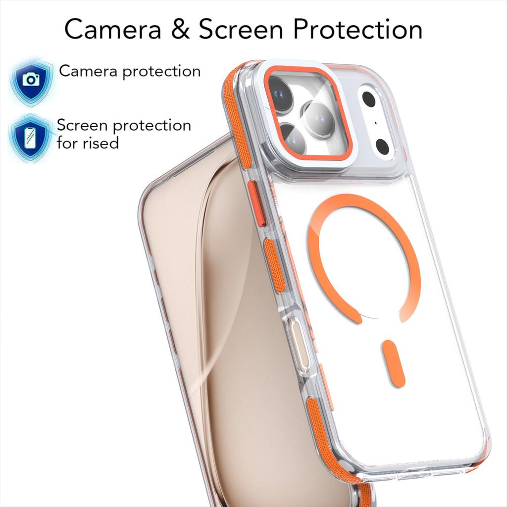 For iPhone 17 Pro Max Magnetic Case TPU Acrylic Clear Phone Back Cover with Lens Protector Kickstand