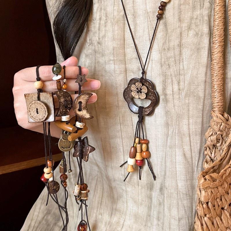 Retro Ethnisch Rund Holz Lang Pullover Halskette Damen Bohemian Blumen Perlen Blatt Quaste Halsketten Tägliches Tragen Schmuck