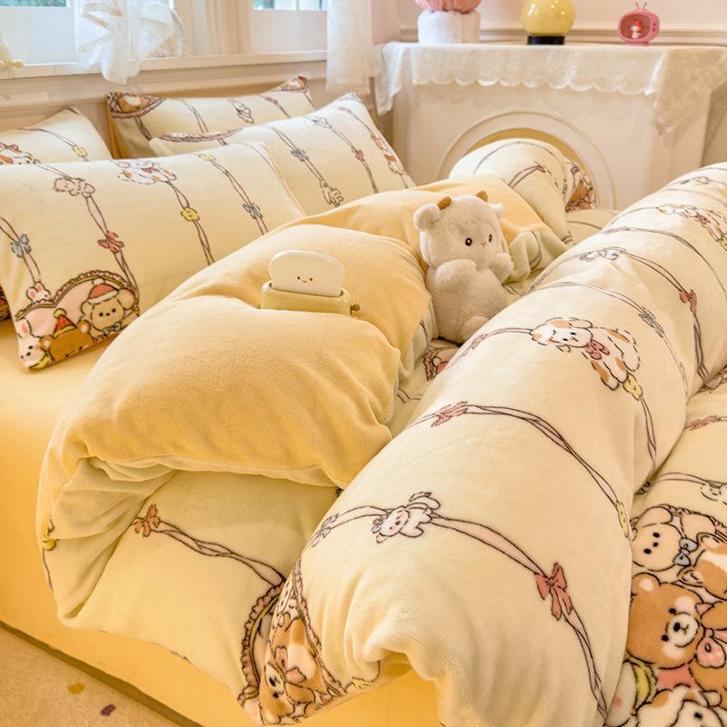 Thickened Milk Fleece Quilt Cover Single Piece Coral Fleece Quilt Cover Four-Piece Set Double-Sided Flannel Fleece
