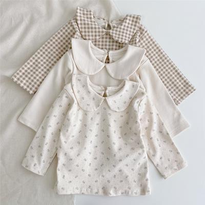 Outono Bebê Base Camisa Algodão Camiseta Manga Longa Lapela Xadrez Pequeno Floral Bonito Bebê Menina Top