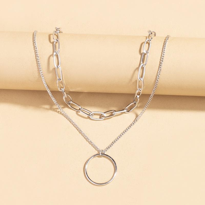 New silver-plated circle thick line multi-layer necklace celebrity fashion street shot personalized double-layer collarbone chain women