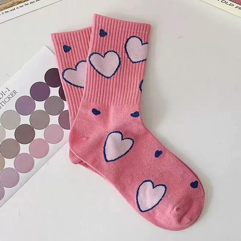 5/10 Paren Dames Cartoon Print Sokken tot Halve Kuit Modieuze Letters Kleine Bloemen Roze Kersenhart Zacht Comfortabel Casual Sokken