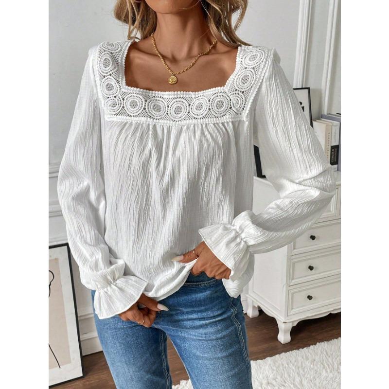 Blusa da Donna con Scollo Quadrato e Bordi in Pizzo, Texture Pieghettata, Maniche Lunghe a Svasatura, Top Casual Monocolore