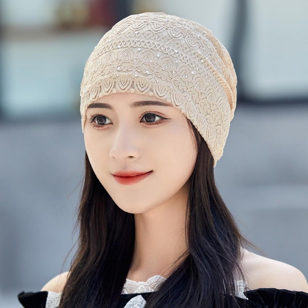 Soft Warm Bonnet Caps Rhinestones Hijab Turban Cap Casual Lace Beanie Hats  Outdoor