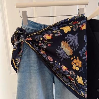 New Multi-functional Floral Triangle Scarf Matching Pants Silk Satin Women's Necktie Decorative Headscarf Summer