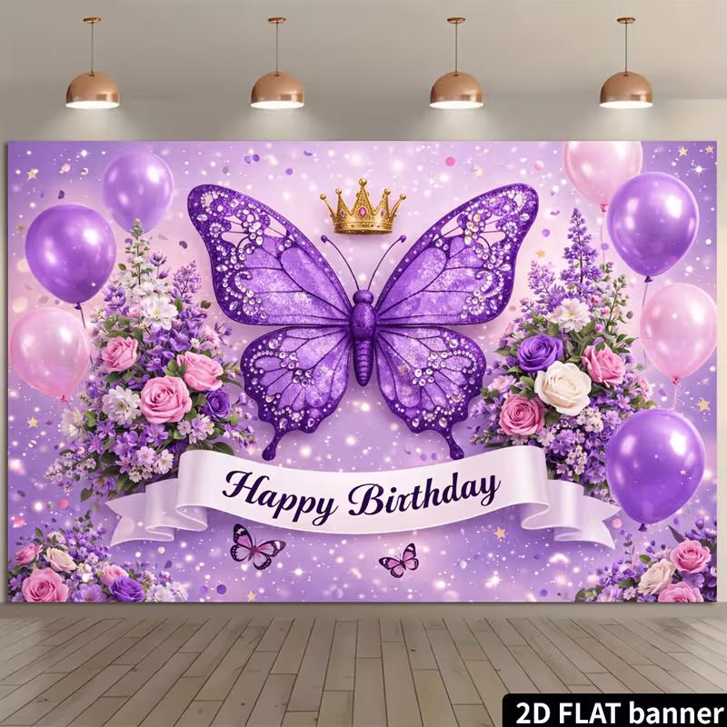 Sfondo Compleanno Farfalla Viola 2D Corona Floreale Festa Ragazza Photo Booth Banner