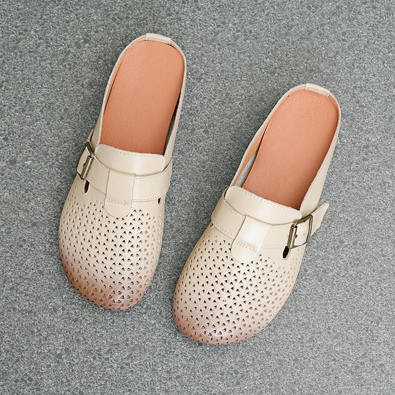 

Летняя женская обувь, полые нескользящие полутапочки Baotou, дышащие тапочки из коровьей кожи с ретро-слойкой 41 белый