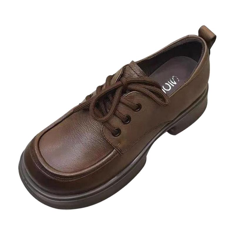 Soft Leather Platform Small Leather Women Spring and Autumn Models Round Head Lace-up Soft Sole Non-slip Loafers British Style Single Shoes