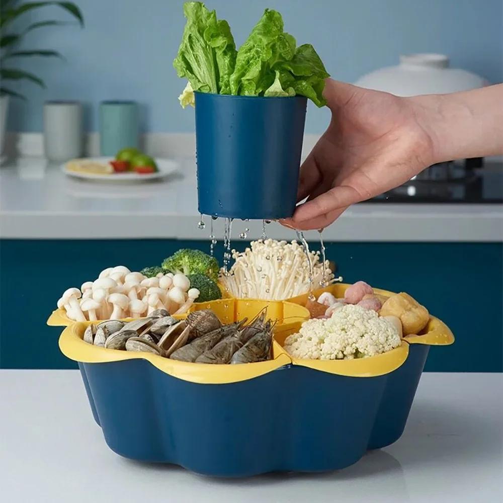

360° Rotating Split-grid Vegetables Platter PP Snack Tray New Kitchen Supplies