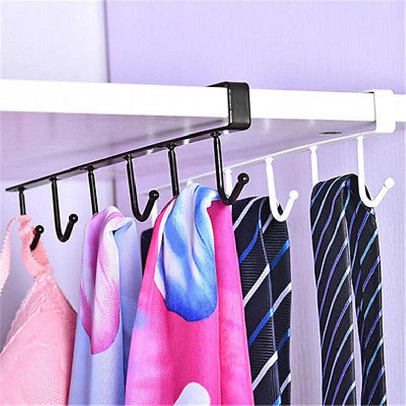 6 Hooks Cup Holder Hang Kitchen Cabinet Under Shelf Storage Rack Organiser Hook Iron Kitchen Storage Rack Bathroom Organizer