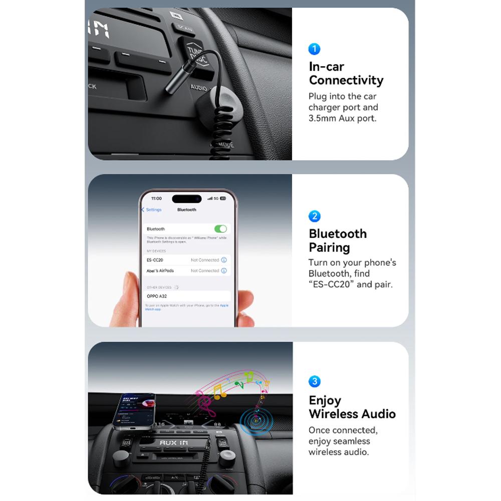 Essager Bluetooth 5.3 Car Charger 3.5mm Jack AUX Cable 35W Fast Charging For iPhone16 15 Huawei Samsung Bluetooth Car Chargers