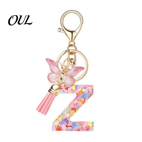 Kompaktes Schlüsselanhänger-Anhänger in Rosa-Serie, Pailletten Herz Initialen-Buchstaben-Anhänger Schlüsselkette mit tragbarem Schmetterlings-Quasten-Design, A-Z Halter für Tasche