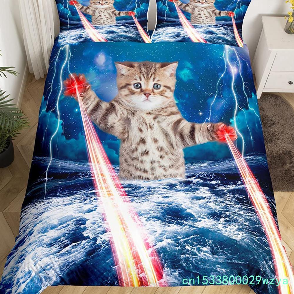 Katze Bettbezug Set Aquarell Wal Fischen Bettwäsche Set Ozean Meereswelle Bettdeckenbezug Marine Nautisch Themen Tagesdecke Bezug