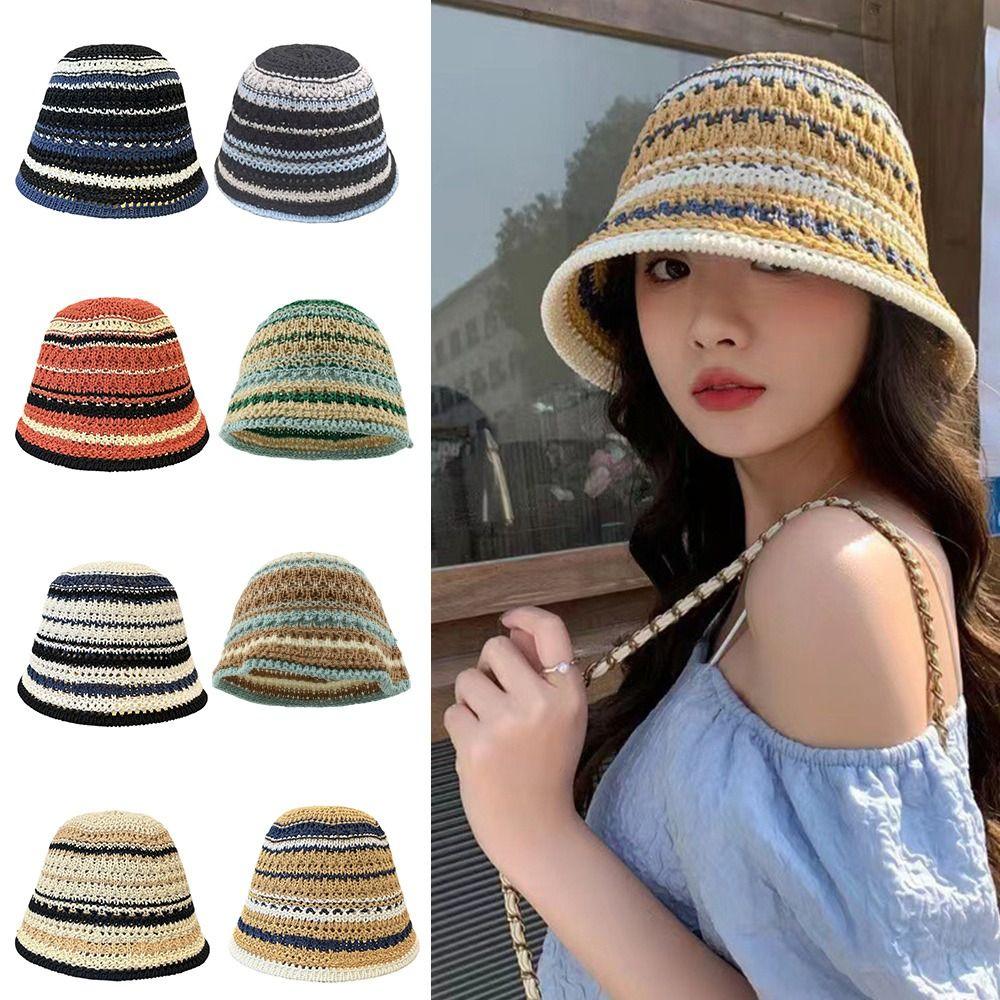 Striped Knitted Hollow Fisherman Hat Big Eaves Uv Protection Crochet Bucket Hat Breathable Multicolor Bucket Sun Hat Travel