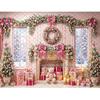 Mocsicka 3D Pink Christmas Room Backdrop Photography Toy Bear Bow Fireplace Scene Curtain Background Girls Holiday Party Photo