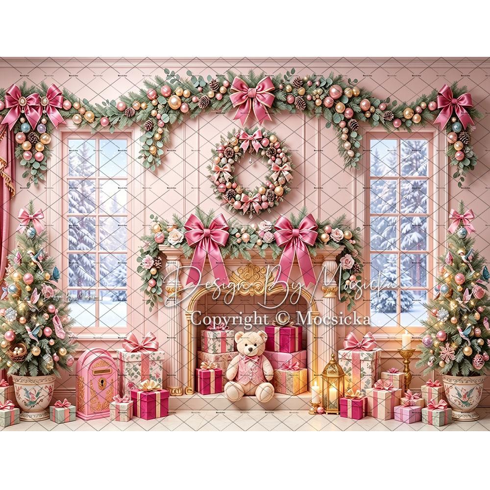 Mocsicka 3D Pink Christmas Room Backdrop Photography Toy Bear Bow Fireplace Scene Curtain Background Girls Holiday Party Photo