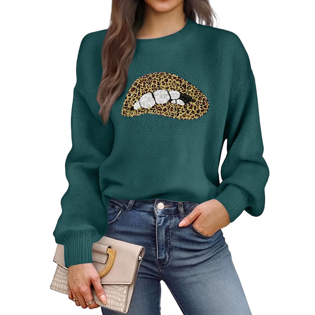 Women's Winter Leopard Embroidery Sequin Lips Round Neck Pullover