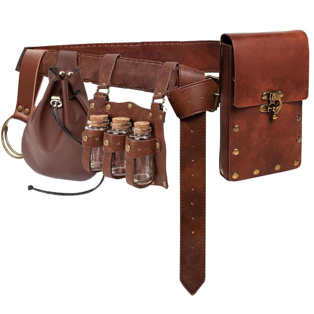 Medieval Leather Waistband Belt with Cord and Pouch