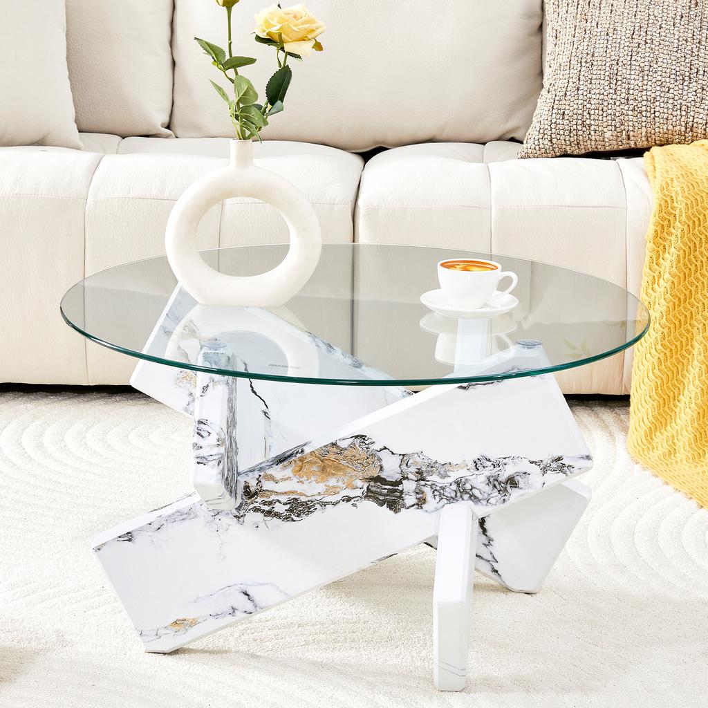 Multi-Color Optional MDF + Glass Round Coffee Table: White Imitation Marble Patterned Support Legs, 79cm Diameter, 0.8cm Thick Tempered Glass Surface.