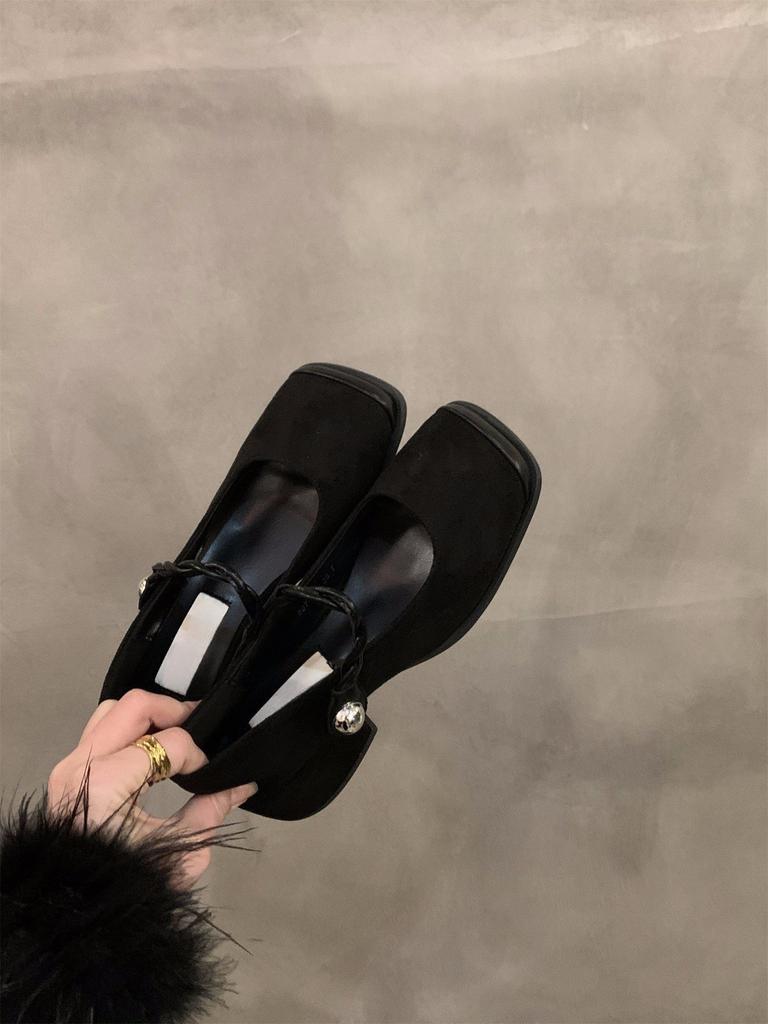 High heels black Mary Jane small leather shoes women's shoes spring autumn and winter retro square head French evening shoes