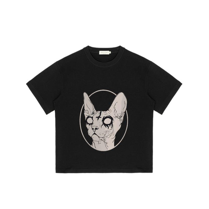 Black T Shirt with Sphynx Cat Skull Print for Casual Wear