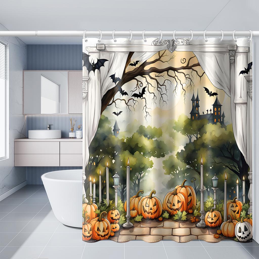 1pc Simulated Window Pumpkin Tree Halloween Bat Shower Curtain with Plastic Hooks, Decorated In Autumn and Winter Style