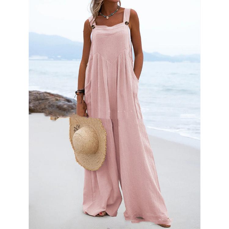 Sommer-Damen-Overall, ärmellos, weites Bein, Knopf, modischer Overall im Ethno-Stil