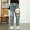 Tegneserieprintede jeans dame 2025 sommer snøring høy midje denimbukser kvinner streetwear hulljeans