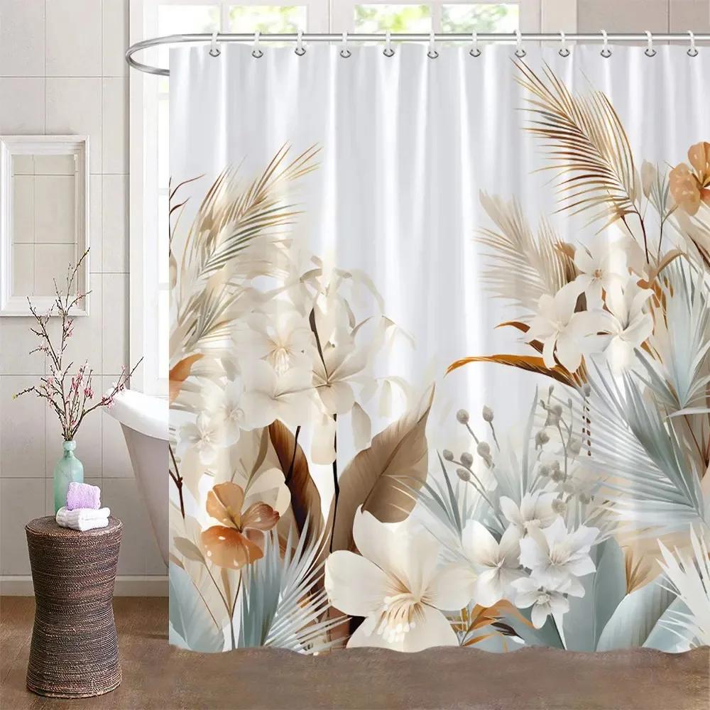 Boho Leaves Shower Curtain Tan Leaf With Floral Decorative Bath Curtain Polyester Fabric Waterproof Bathroom Curtain With Hooks