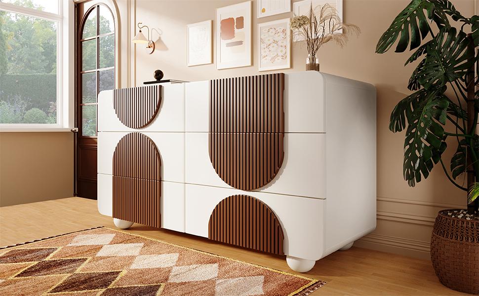 Chest of Drawers with 6 Drawers & Curved Design In White, Chocolate-Colored Wood Strips, Sliding Drawers & Anti-Tip Protection, 121x71x41 Cm (W/H/D)