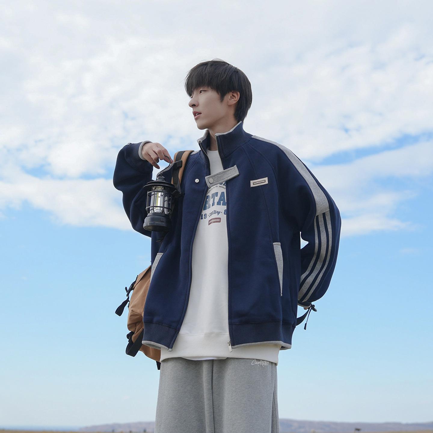 New Loose Shoulder Sleeves Men s Sweater Japanese 2026 New Retro Color Matching Stand-up Collar Boys Jacket Autumn M темно-синий