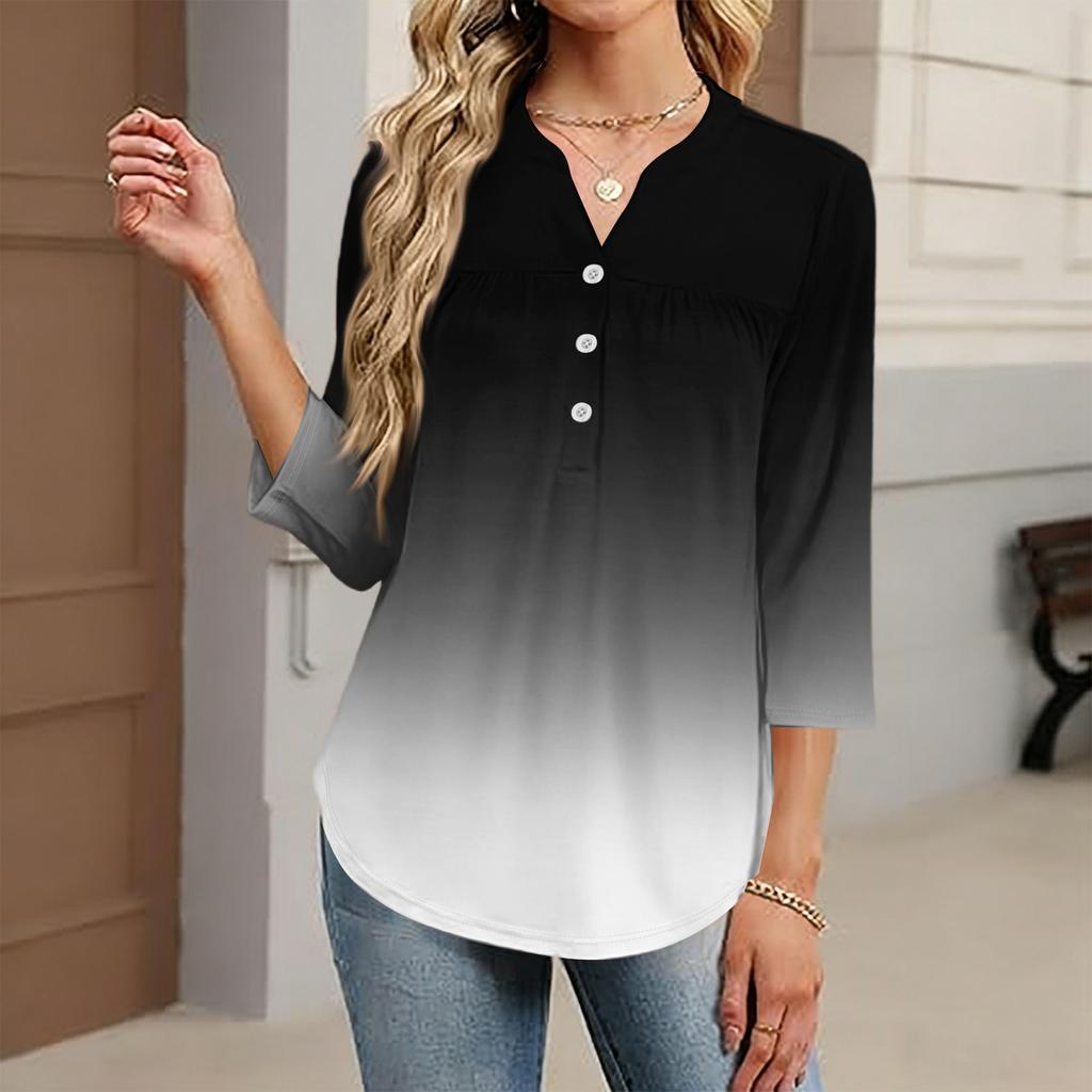 Women's Fashionable Casual Color Block Gradient Print V-Neck Button Three-Quarter Sleeve T-Shirt Top