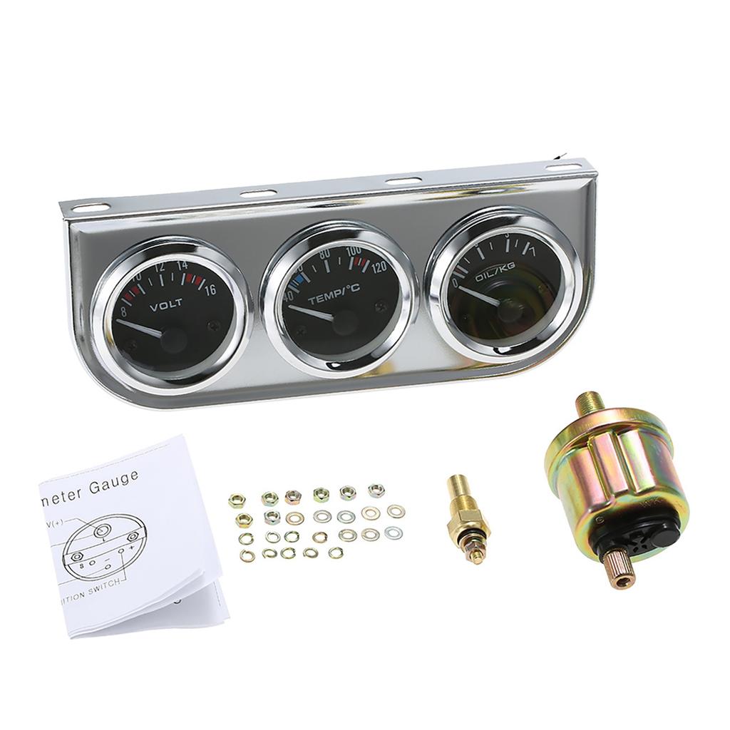 52MM Oil Pressure Fahrenheit Water Temperature Gauge Voltmeter Chrome 3 In 1 Gauge Kit  Car Motorcycle Meter