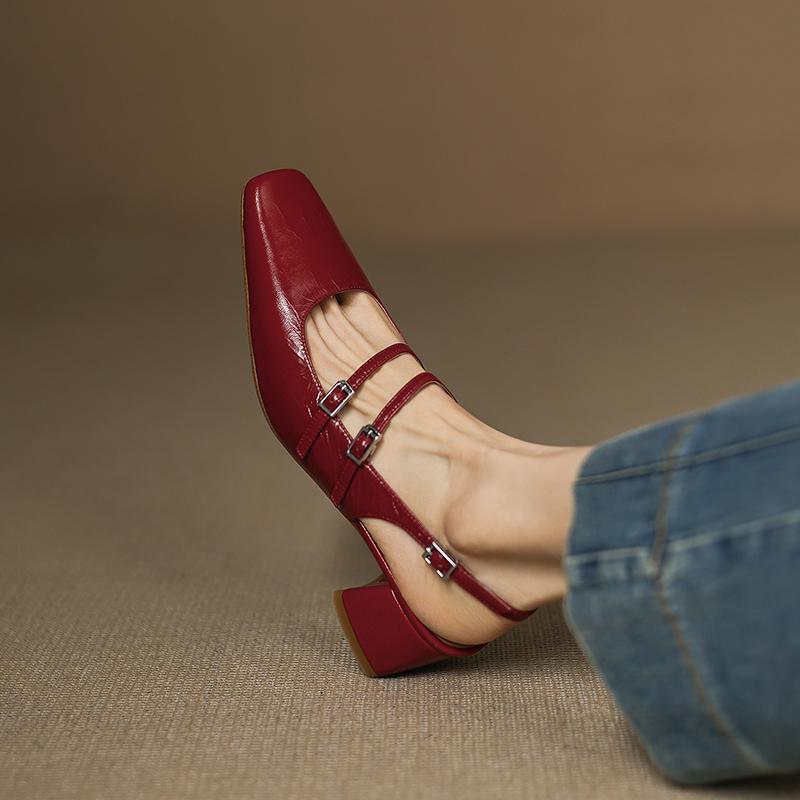 Fashion NEW Summer Women Sandals Genuine Leather Shoes Women Square Toe Chunky Heel Shoes Cover Toe Slingback Sandals Mary Janes Shoes