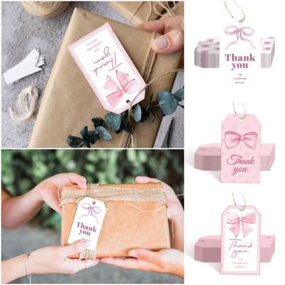 50PCS High Quality Pink Thank You Hanging Tags Bowknot DIY Packaging Hang Labels Accessories with 10m Ropes Wrapping Card Gifts