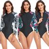 Women's Long Sleeve One-Piece Swimsuit Palm Leaf Print Zipper Front Rash Guard for Surfing