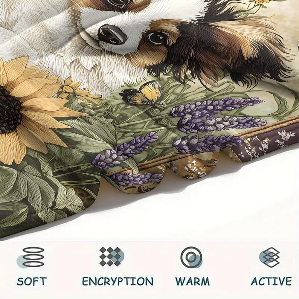 1 Stück Hunde- und Sonnenblumen-Print Flanelldecke, Hohe Qualität, Bequem für alle Jahreszeiten, Heimdekoration, Wärme und Komfort, Perfekt für Weihnachtsgeschenke