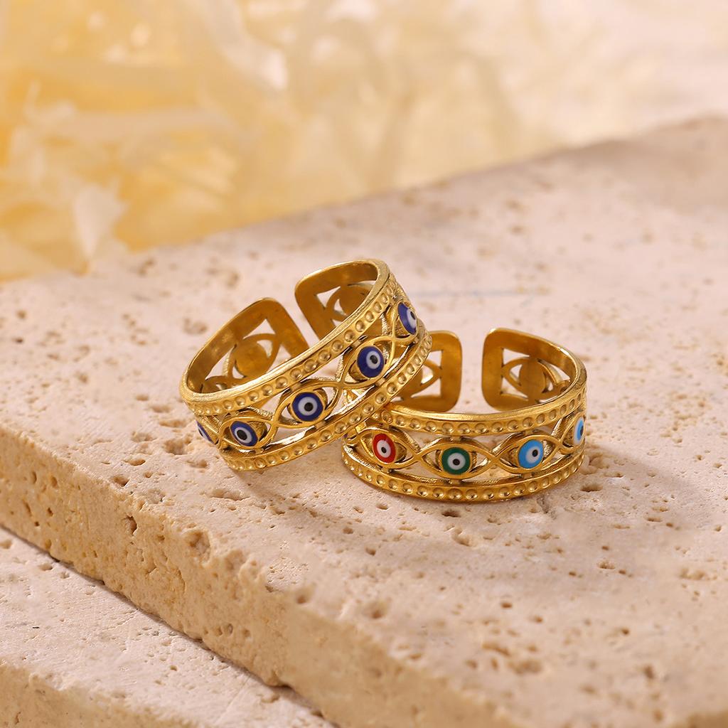 Colorful Enamel Evil Eye Open Ring Stainless Steel 18K Gold Plated Adjustable Vintage Ring