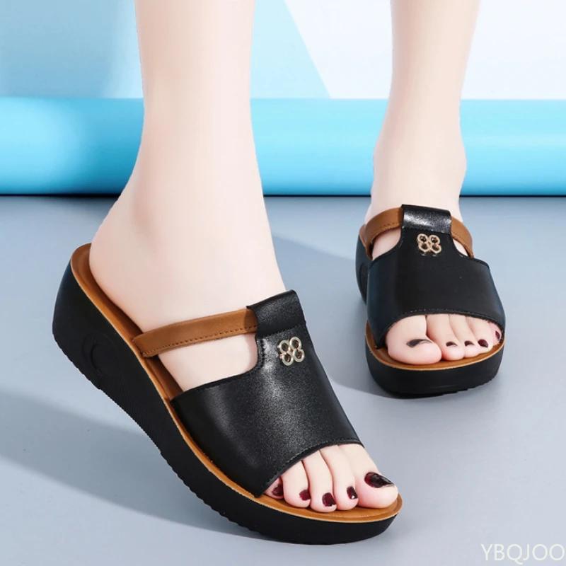 Fashion 2025 Womens Summer Slipper Retro Wedge female Casual Sandals Premium Open Toe Genuine leather sandal Vintage Non-Slip slipper