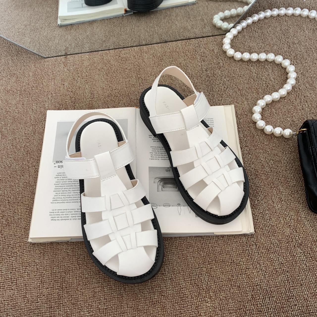 

модные римские сандалии Baotou 2024 года, летние толстые повседневные женские туфли с плоским дном, плетеные, с вырезом, ретро, с круглым носком, сандалии De Mujer 35