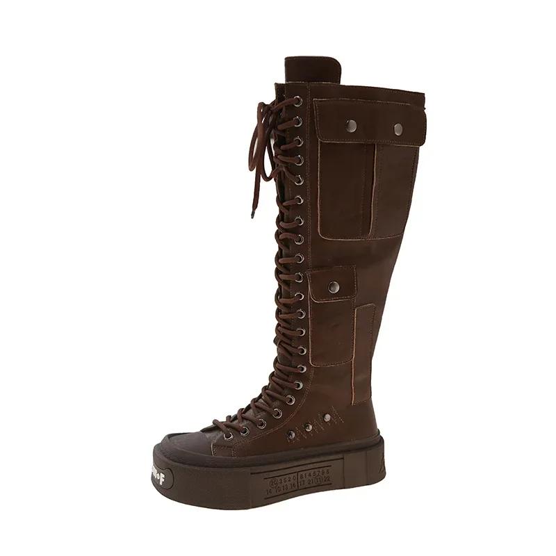 Fashion Women Platform Flats Knee High Motorcycle Boots Leather Shoes Winter 2025 Luxury Brand New Fashion Chelsea Lace-up Botas Mujer