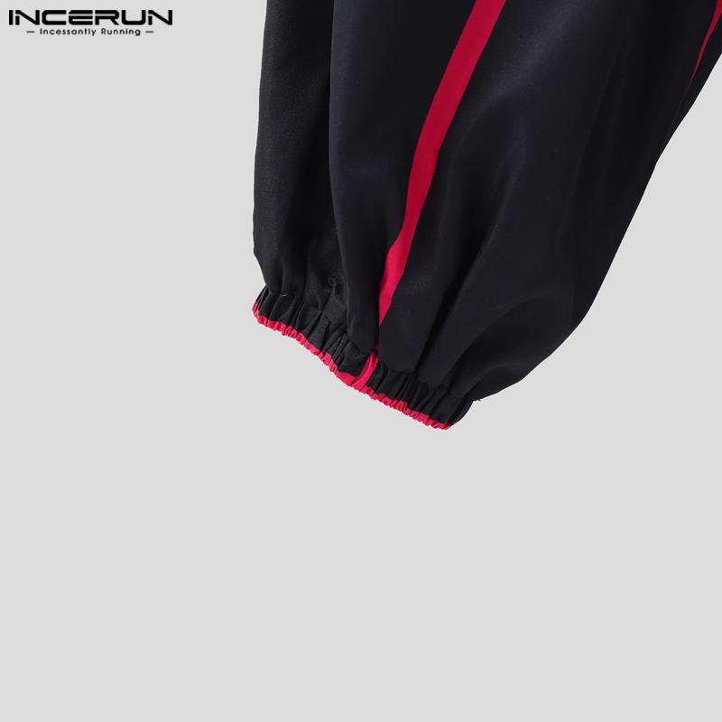 INCERUN Men Elastic Waist Hit Color Belt Casual Thin Harem Pants with Pockets