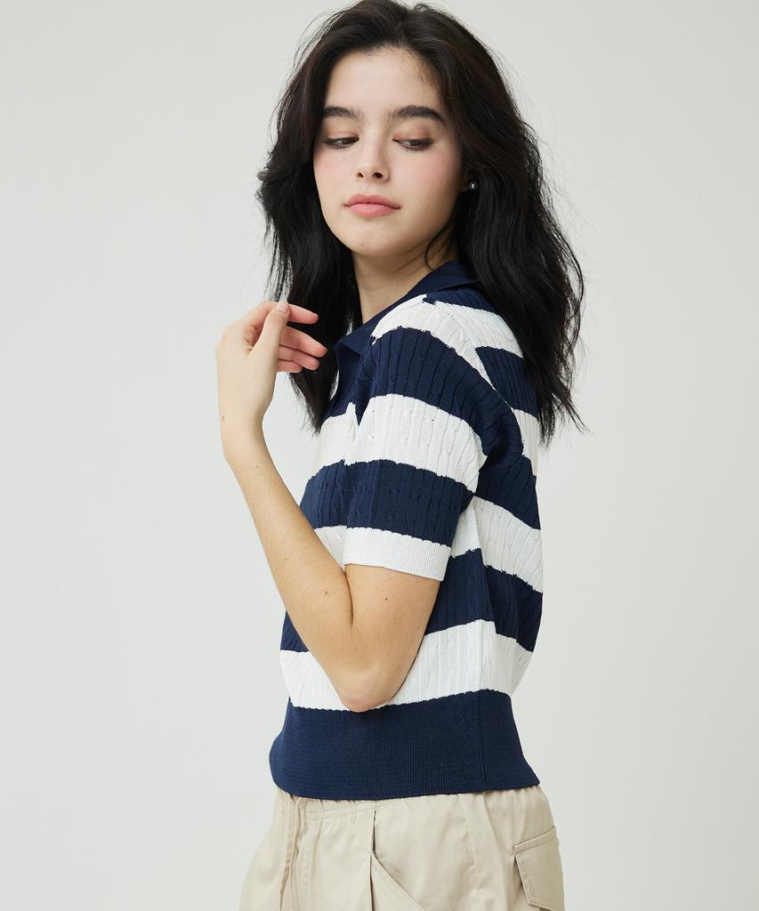 AWESOME STUDIO Striped Cable Collar Knit Navy
