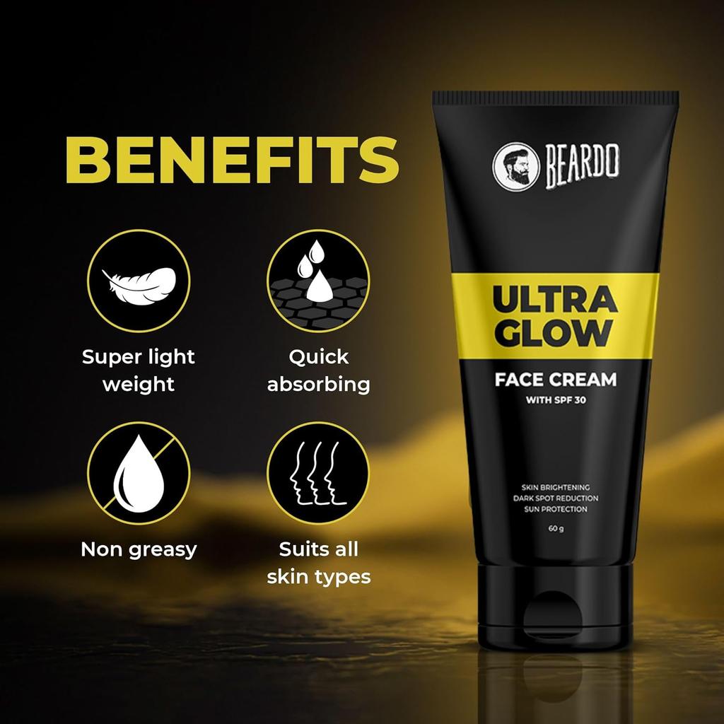 Beardo Activated Charcoal Face Wash 100ml & Ultraglow Face Cream SPF 30 60g Combo for Men Skincare