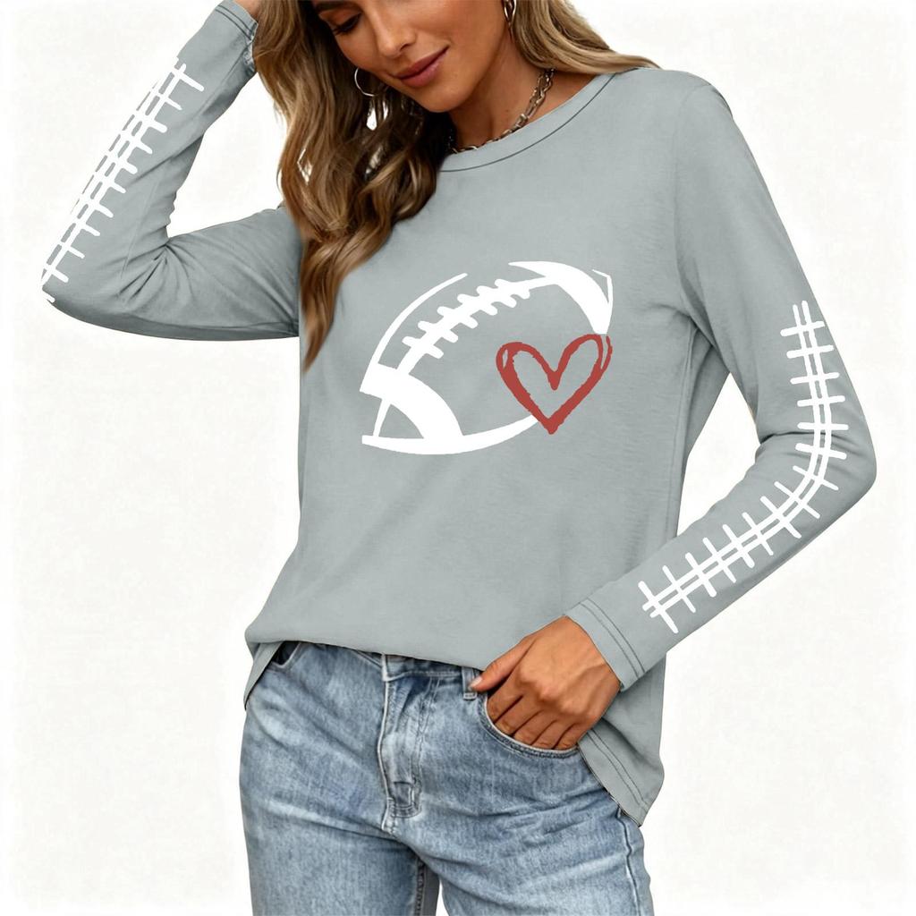 Women's Fashion Rugby Print Long Sleeve Neck Top with Side Slit Hem