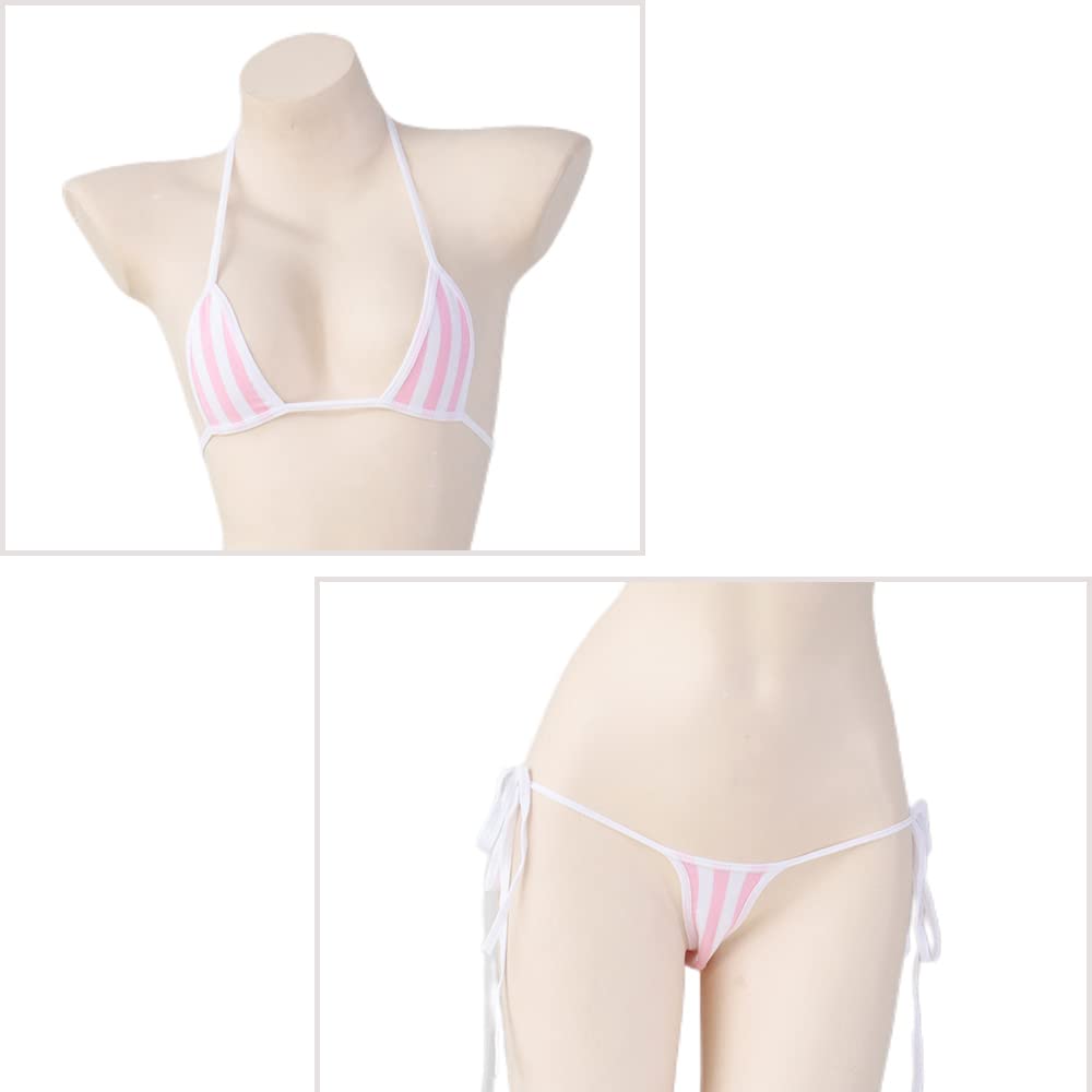 Micro Extremely Sexy Triangle Separate Lolita Cosplay Moe Border String Striped Halter One Pink [SENMHOO] Bikini, Small, Swimsuit, Bikini, Costume,