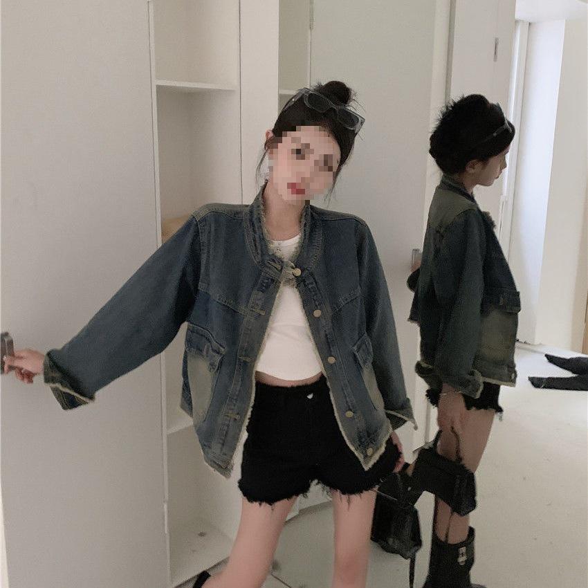 Retro Hong Kong Style Frayed Denim Jacket with Washed Slim-Fit and Pocket Design