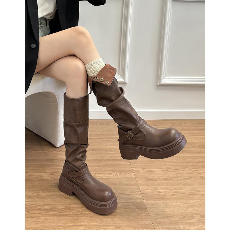 Thick-soled British Style Two Wear Long Boots Women's Autumn and Winter Velvet High Boots Stacking Boots Knight Boots