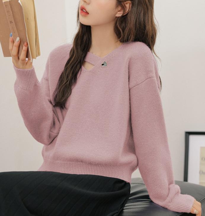 Lazy Knitted Sweater Women's Autumn and Winter New Fresh Design Sense Love Diagonal Buckle V-neck Knitted Sweater Top Women